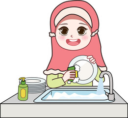 Cartoon Hijab Girl Washing Dishes in The Sink 
