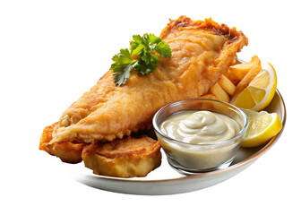 Crispy Beer-Battered Fish and Chips on a plate in a bowl over a white background and Transparent Background