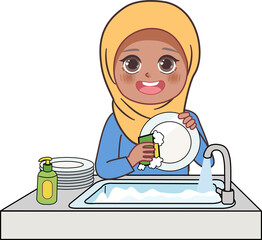 Cartoon Hijab Girl Washing Dishes in The Sink Illustration 