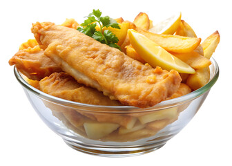 Crispy Beer-Battered Fish and Chips on a plate in a bowl over a white background and Transparent Background