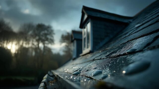 Captivating close-up of a rain-soaked roof showcasing nature's beauty at twilight