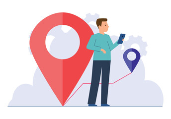 Young male character using his phone to navigate with a map app and location pin, showcasing modern travel and technology. Mobile GPS tracking concept