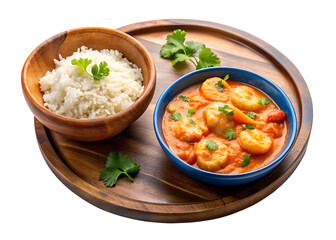 On a blue plate and in a wooden bowl over a white and transparent background Creamy Coconut Shrimp Curry, with a small side of tomato sauce transparent background