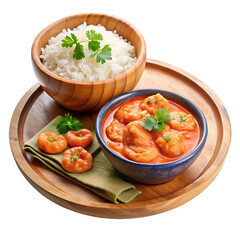 On a blue plate and in a wooden bowl over a white and transparent background Creamy Coconut Shrimp Curry, with a small side of tomato sauce transparent background