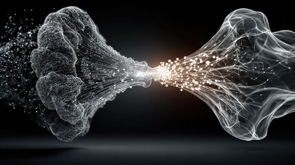 Two large, interconnected funnels, one collecting raw, chaotic data streams and the other emitting a refined, singular stream of glowing light, a metaphor for the customer feedback loop 