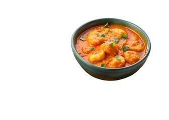 On a blue plate and in a wooden bowl over a white and transparent background Creamy Coconut Shrimp Curry, with a small side of tomato sauce transparent background