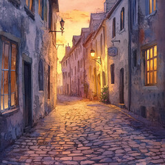 Fototapeta premium Charming old European street with cobblestone road and warm sunset light reflecting on historic buildings 