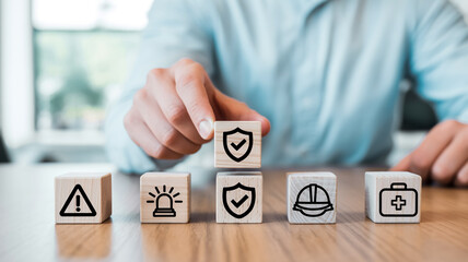 Close-up of wooden cubes with safety and security icons on light oak surface, hand placing shield block, minimal clean design, professional workplace protection concept.