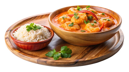 On a blue plate and in a wooden bowl over a white and transparent background Creamy Coconut Shrimp Curry, with a small side of tomato sauce transparent background
