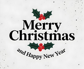Festive Merry Christmas and Happy New Year greeting with Holly Leaves and Berries isolated on textured white background