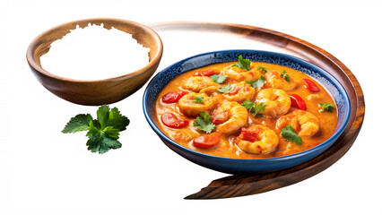 On a blue plate and in a wooden bowl over a white and transparent background Creamy Coconut Shrimp Curry, with a small side of tomato sauce transparent background