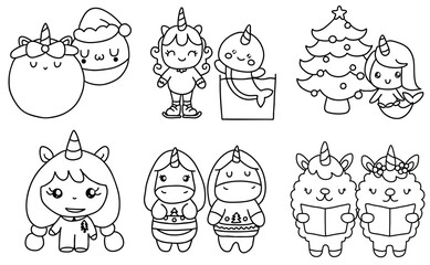 Christmas Unicorn friends, Cute Christmas themed unicorns and characters in playful, cartoon style