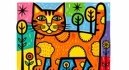 Whimsical Orange Cat Art Illustration With Flowers And Trees In A Colorful, Folk-Art Style