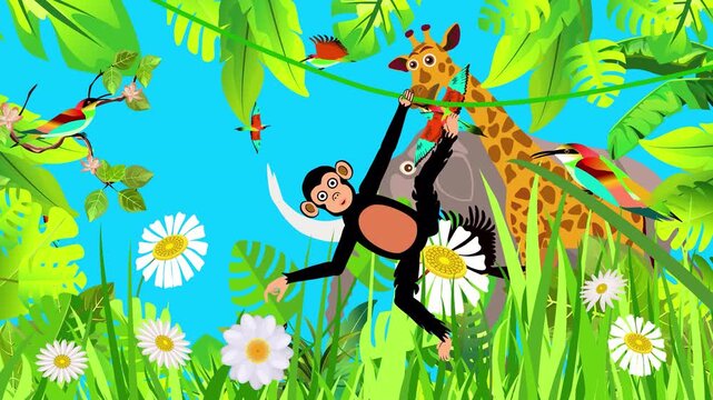 A colorful cartoon animation of a cheerful giraffe munching leaves from tall jungle trees, while a playful chimpanzee swings joyfully from the branches. The vibrant jungle background is filled 
