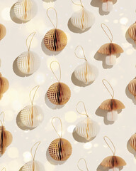 Christmas Ornaments from white beige Paper, creative New Year minimal trend pattern, winter seasonal holiday decorations as flashlight, ball, mushroom, shining bokeh, Happy holiday, Merry Christmas