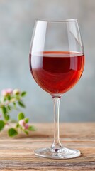 Glass of Red Wine on Rustic Wooden Table with Softly Blurred Background and Delicate Pink Blossoms Offering Refreshing Elegance and Sophistication