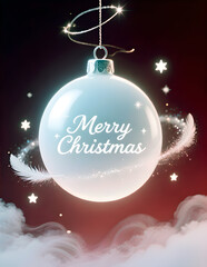 Magical Christmas Ornament with Glowing Lights and Merry Christmas Inscription on a Dark Red Background for Holiday Cheer