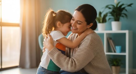 Fototapeta na wymiar Cute little girl hugging her mother. Loving family at home. Happy parent and kid. Family support, care, and autism awareness concept.