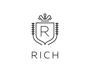Elegant monogram letter R logotype. Premium crest logo design. Shield, royal crown symbol. Print, t-shirt design shape