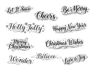 Handwritten Christmas and New Year phrases with decorative elements  