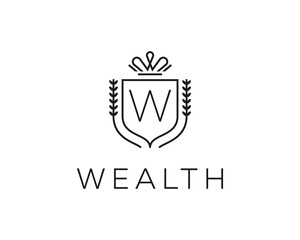 Elegant monogram letter W logotype. Premium crest logo design. Shield, royal crown symbol. Print, t-shirt design shape