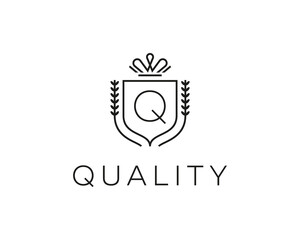 Elegant monogram letter Q logotype. Premium crest logo design. Shield, royal crown symbol. Print, t-shirt design shape