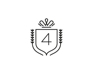 Elegant number 4 logotype. Premium numeral crest logo design. Luxury figure shield rounded crown sign. Print, t-shirt design shape