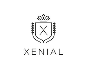 Elegant monogram letter X logotype. Premium crest logo design. Shield, royal crown symbol. Print, t-shirt design shape