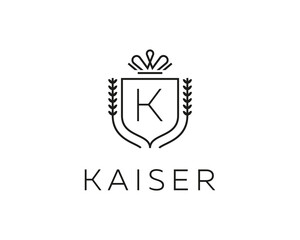 Elegant monogram letter K logotype. Premium crest logo design. Shield, royal crown symbol. Print, t-shirt design shape