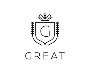 Elegant monogram letter G logotype. Premium crest logo design. Shield, royal crown symbol. Print, t-shirt design shape