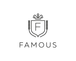 Elegant monogram letter F logotype. Premium crest logo design. Shield, royal crown symbol. Print, t-shirt design shape
