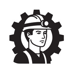 Black and White Worker Emblem with Gear and Miner's Helmet Icon