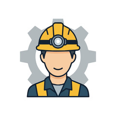 Flat Design Industrial Worker Icon with Yellow Hard Hat and Grey Cogwheel