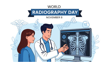 World radiography day doctor and patient reviewing x ray image