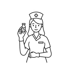 Healthcare professional holding medication bottle in outline style