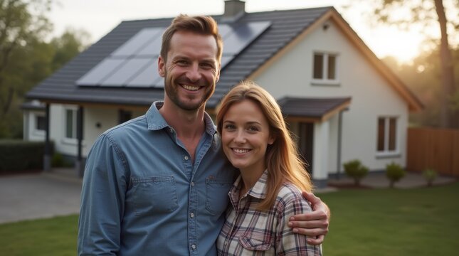 A happy couple stands smiling in the driveway of a large house with solar panels installed - Powered by Adobe