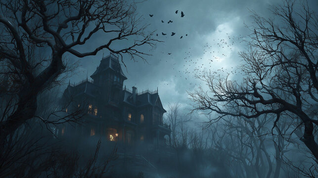 A dark and eerie haunted mansion on a foggy Halloween night. Gnarled, bare trees cast sinister shadows. A single, flickering light in an attic window, hinting at a hidden presence.