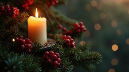 Close up of a candle in a spruce tree with berries 
