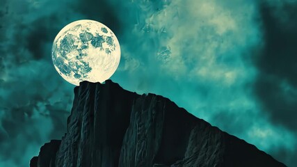 Looming full moon over jagged Mountain peaks at night with fast moving clouds in a dark sky - Powered by Adobe