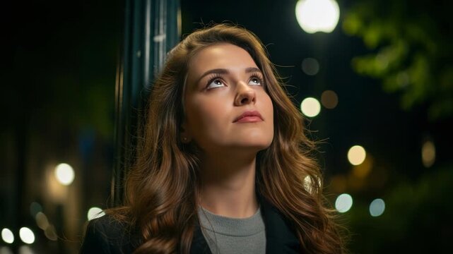 Young woman looking up at streetlights at night