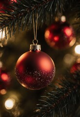 Close-up of red christmas ornament on tree with sparkling lights