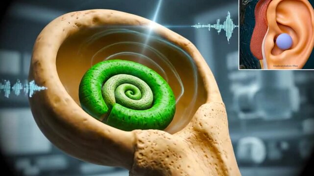 Illustration of human ear anatomy with cochlea sound waves and earplug diagram in corner