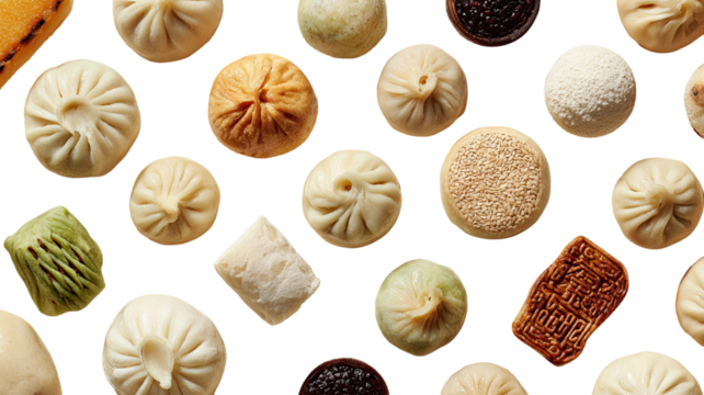An array of dumplings and buns arranged neatly showing assorted Asian steamed snacks and traditional cuisine on white background