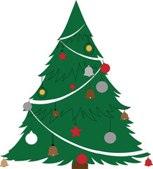 Decorated Christmas tree with ornaments, bells, and stars on a white background vector illustration