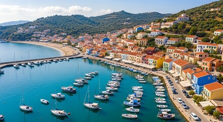 Fototapeta premium Vibrant Coastal Village: Colorful Greek Houses Overlooking a Serene Turquoise Harbor