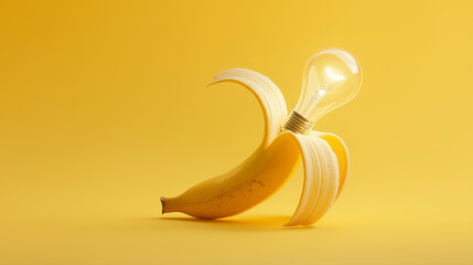 A banana peeled halfway through, revealing a lit light bulb inside