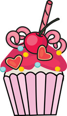 Cupcake with cherry and chocolate sticks in pink frosting