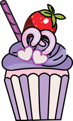 Swirl purple frosting cupcake with strawberry and candy stick