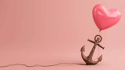 A heart-shaped balloon tied to an old anchor, against a pink background. Concept of love and emotional burden