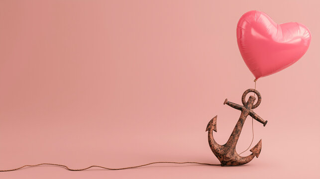 A heart-shaped balloon tied to an old anchor, against a pink background. Concept of love and emotional burden
